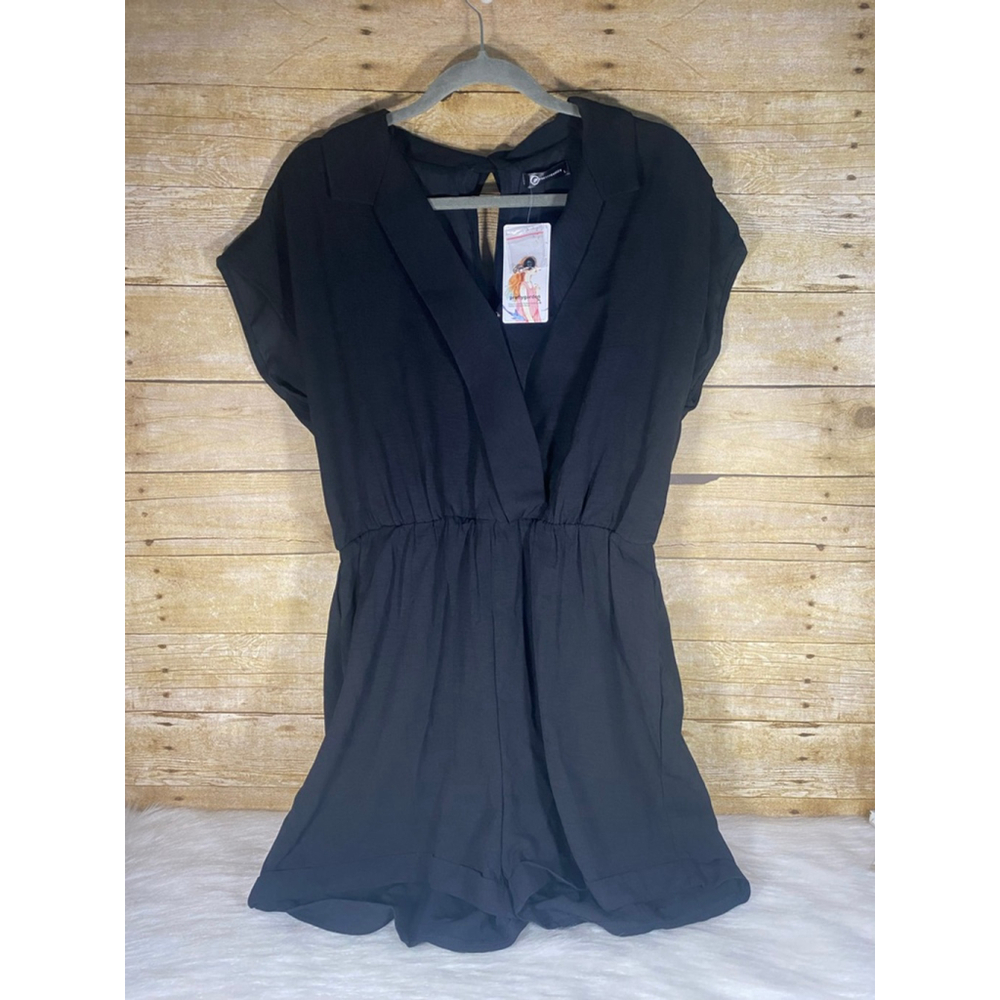 NWT PRETTYGARDEN Womens Black Romper Size L One Piece Shorts Pockets